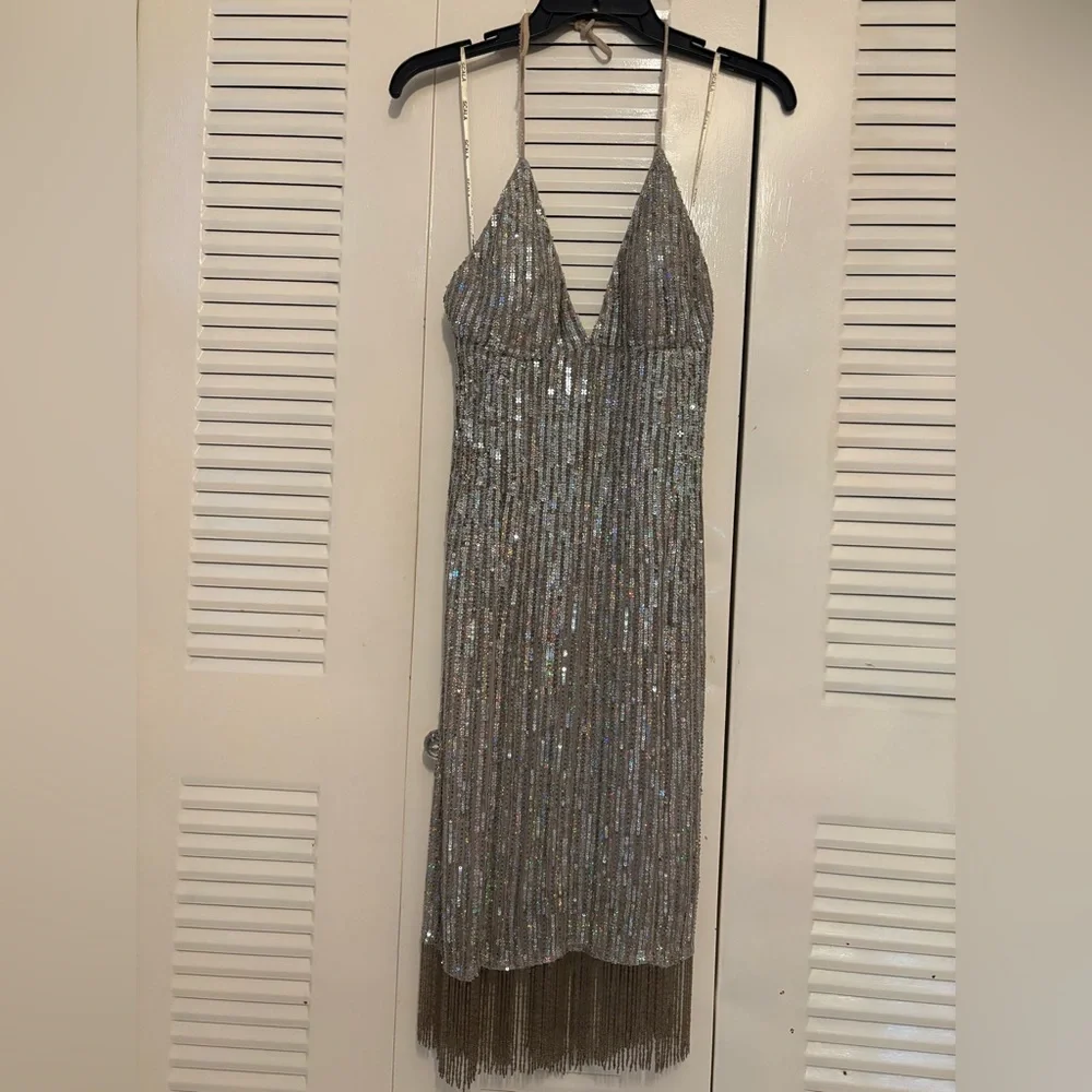 SCALA Y2K Silver Sequin halter Dress - Picture 1 of 12